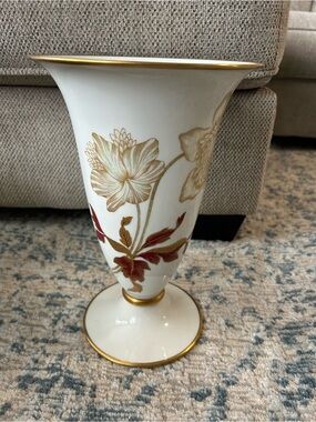 Rosenthal White Porcelain Trumpet Vase with Gold Trim and Red Floral Accents